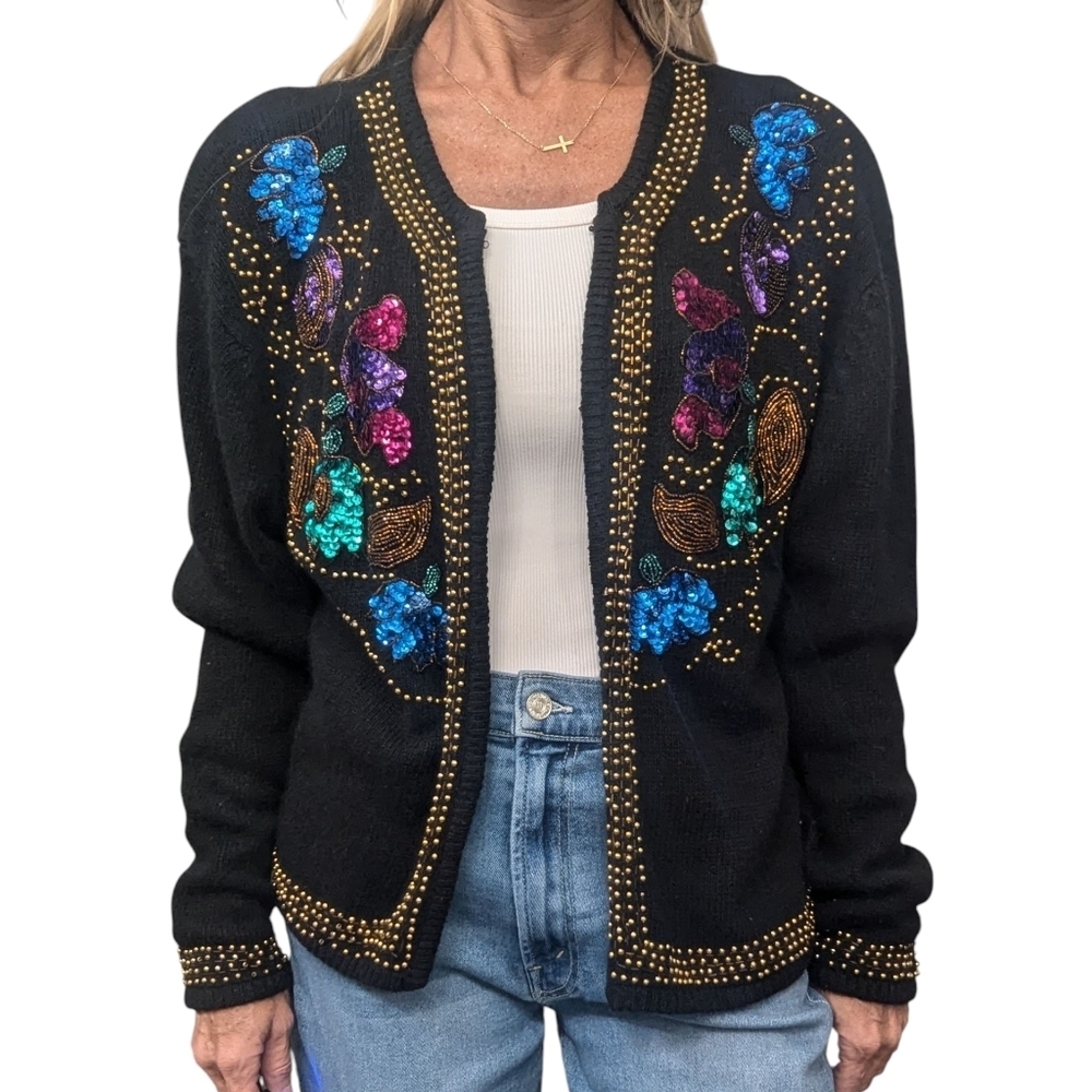 Vintage Pappagallo Silk Angora Beaded Sequin Cardigan Black Glam Sweater L